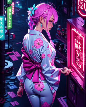 beautiful woman, yukata, long braids, top view, looking_at_viewer, power effect, fog, tatoos, pastel colors, artwork_(digital), digital painting, vibrant color, neon light, tokyo stand