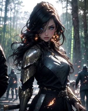 (1girl), beautiful woman, paladin, large shield, paladin armor, very large sword in hand, fire particles floating around, battlefield, action position, dynamic position, forest, High detailed, ,Colorful portraits