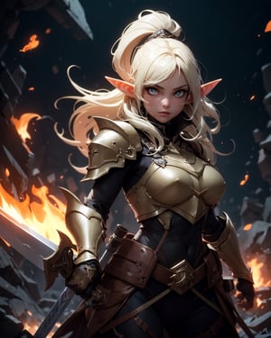 (1girl), (beautiful elf woman), paladin, large shield, paladin armor, very large sword in hand, fire particles floating around, battlefield, action position, dynamic position,High detailed, (dark yellow theme:1.2)