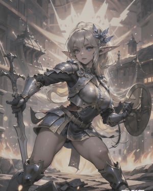 (1girl), (beautiful elf woman), paladin, large shield, paladin armor, very large sword in hand, fire particles floating around, battlefield, action position, dynamic position,High detailed,glitter, highres, shiny