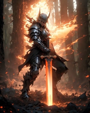 (1girl), beautiful woman, paladin, large shield, paladin armor, very large sword in hand, fire particles floating around, battlefield, action position, dynamic position, forest, High detailed ,r1ge