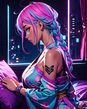 beautiful woman, yukata, long braids, side view, looking_at_viewer, power effect, fog, tatoos, pastel colors, artwork_(digital), digital painting, vibrant color, neon light, on the bed in the bedroom