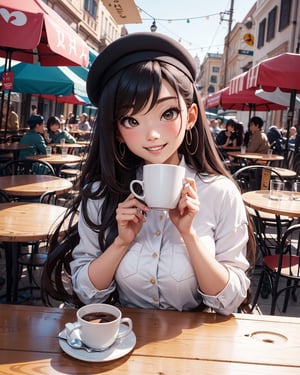 beautiful woman, medium breasts, long hair, smile, blush, joy, beret, skirt, sneakers, café terrace, hot chocolate, table, street, beach, pocket shirt,SAM YANG