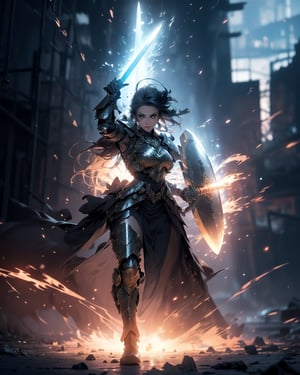 (1girl), beautiful woman, paladin, large shield, paladin armor, very large sword in hand, fire particles floating around, battlefield, action position, dynamic position