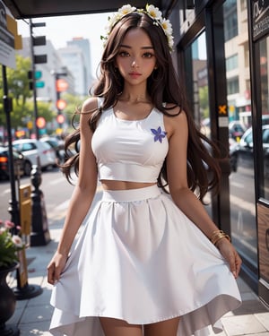 (1girl), beautiful woman:(dark skin,long hair,flower cute skirt,white top), hourglass body shape