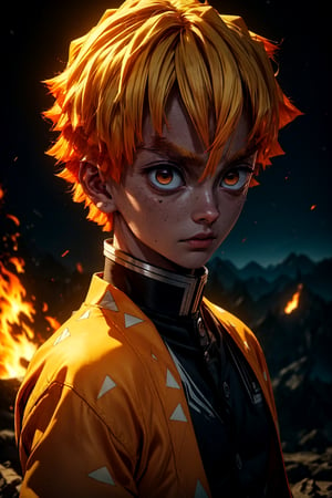 sharp focus, dynamic, (natural skin texture, hyperrealism:1.25), (skinny:1.25),portrait of Zenitsu, 1boy ,glowing white eyes, no pupil, no iris, looking at viewer, serius face, empty look, dinamic pose, dinamic hair, orange hair-streaks, short hair, very low angle, looking at camera, pale skin, staring, full body, moon background, perfecteyes, *see the examples*,r1ge,flaming eye, yellow clothes, electricity, electric strikes ,bangs,agatsuma_zenitsu,weapon,*see the examples*,blank eyes