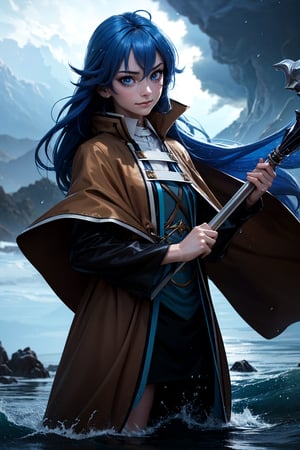 sharp focus, dynamic, (natural skin texture, hyperrealism:1.25), (skinny:1.25), girl summoning a strong water storm,blue eyes, dinamic pose, dinamic hair, strong windy day, long blue hair, using a powerfull spell, low angle, pale skin, lazy smile, shy looking at viewer, staring, upper body, big green landscape, long brown wizard cape. very long magic wand,anime