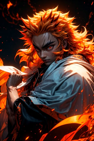 sharp focus, dynamic, (natural skin texture, hyperrealism:1.25), (skinny:1.25),portrait of Kyojuro , 1boy , glowing eyes, looking at viewer, serius face, empty look, dinamic pose, dinamic hair, strong wind, orange hair-streaks, very low angle, looking at camera, pale skin, staring, upper body, constricted pupils, fire background, fire-storm,rengoku kyoujurou, 
white cape, fire streaks,r1ge