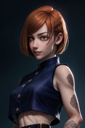 sharp focus, dynamic, (natural skin texture, hyperrealism:1.25), (skinny:1.25),semi short hair,fighting pose, semi-collected bangs, high-neck dark blue top uniform, verydark orangehair, low angle,pale skin, portrait of Kugisaki Nobara, crazy smile ,condescendent expression, patronizing look , cropped at the waist, revealing the midriff, looking at viewer, staring, dark brown semiclosed eyes, upper body, hammer tool , sunny forest background with some old japanese temple details. holding big nails tools,kugisaki nobara