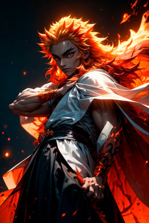 sharp focus, dynamic, (natural skin texture, hyperrealism:1.25), (skinny:1.25),portrait of Kyojuro , 1boy , glowing eyes, looking at viewer, serius face, empty look, dinamic pose, dinamic hair, strong wind, orange hair-streaks, very low angle, looking at camera, pale skin, staring, full body, constricted pupils, fire background, fire-storm,rengoku kyoujurou, 
white cape, fire streaks,r1ge