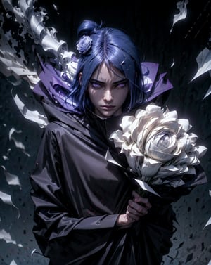 sharp focus, dynamic, (natural skin texture, hyperrealism:1.25), (skinny:1.25),portrait of Konan , holding a bouquet of flowers made of papers, loose clothing, made of papers, looking at viewer, serius face, empty look, dinamic pose, strong light, dinamic hair, strong wind, violet hair-streaks, very low angle, akatsuki suit, looking at camera, pale skin, staring, constricted pupils, r1ge, only face, face portrait,Detailedface, big open sea background