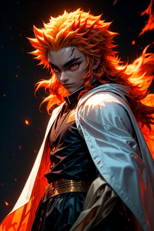 sharp focus, dynamic, (natural skin texture, hyperrealism:1.25), (skinny:1.25),portrait of Kyojuro , 1boy , glowing eyes, looking at viewer, serius face, empty look, dinamic pose, dinamic hair, strong wind, orange hair-streaks, very low angle, looking at camera, pale skin, staring, upper body, constricted pupils, fire background, fire-storm,rengoku kyoujurou, 
white cape, fire streaks,r1ge