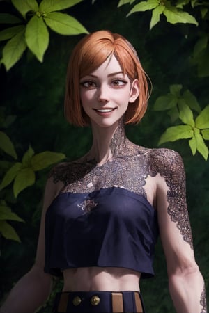 sharp focus, dynamic, (natural skin texture, hyperrealism:1.25), (skinny:1.25),semi short hair, semi-collected bangs, verydark orangehair, pale skin, portrait of Kugisaki Nobara, crazy smile ,condescendent expression, patronizing look , cropped at the waist, revealing the midriff, looking at viewer, staring, dark brown semiclosed eyes, upper body, hammer tool , sunny forest background with some old japanese temple details.,kugisaki nobara