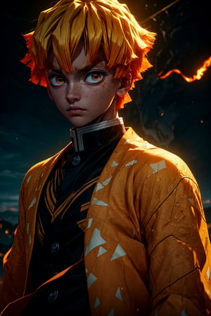 sharp focus, dynamic, (natural skin texture, hyperrealism:1.25), (skinny:1.25),portrait of Zenitsu, 1boy , glowing eyes, looking at viewer, serius face, empty look, dinamic pose, dinamic hair, strong wind, orange hair-streaks, very low angle, looking at camera, pale skin, staring, full body, big white moon background, perfecteyes, *see the examples*,r1ge,flaming eye, yellow clothes, electricity, electric strikes ,bangs,agatsuma_zenitsu,weapon,*see the examples*