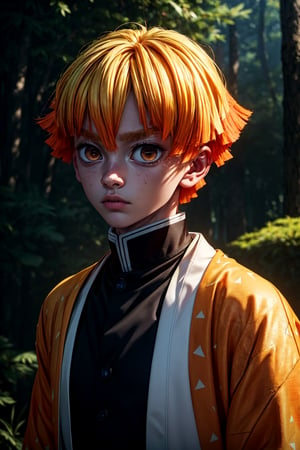 sharp focus, dynamic, (natural skin texture, hyperrealism:1.25), (skinny:1.25),portrait of Zenitsu, 1boy , looking at viewer, serius face, empty look, dinamic pose, dinamic hair, orange hair-streaks, short hair, very low angle, looking at camera, pale skin, staring, upper_body, heavy mist on the forest background, perfecteyes, *see the examples*,r1ge,flaming eye, yellow clothes, ,bangs,agatsuma_zenitsu