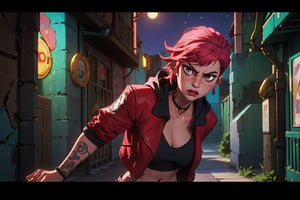 arcane style, (1 girl), sexy,full body, (curvy), cropped hooded jacket, dark red jacket with black details, tattoo on arm, asymmetrical bangs, band-aid, short hair (shaved on one side), bangs, boobs, freckles, gray eyes, big boobs, looking at viewer, tattoo on neck, piercing in nose, pink hair, scar, scar on face, solo, tattoo on face, showing navel, detailed background, city, alley, dark alley, night, angry, close-up, mouth closed, , ((masterpiece)),