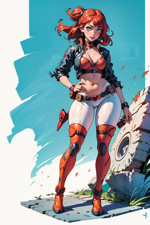 beautiful, crazy, happy girl, full body, standing, sexy pose, (curvy body), (defined body), big breasts, hands on body, dressed as (she deadpool) nose pierced, rebellious girl, long hair , side bangs, highly detailed light blue eyes, action background, extremely detailed, center image, bright sides