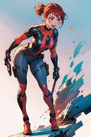 beautiful, crazy, happy girl, full body, (curvy body), (defined body), big boobs, dressed as ((deadpool)), nose pierced, rebellious girl, short hair, side bangs, very detailed light blue eyes , simple background, extremely detailed, center image, bright sides