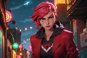 arcane style, (1 girl), sexy, (curvy), cropped hooded jacket, dark red jacket with black details, tattoo on arm, asymmetrical bangs, band-aid, short hair (shaved on one side), bangs, boobs, freckles, gray eyes, big boobs, looking at viewer, tattoo on neck, piercing in nose, pink hair, scar, scar on face, solo, tattoo on face, showing navel, detailed background, city, alley, dark alley, night, angry, close-up, mouth closed, , ((masterpiece)),