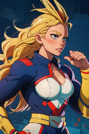 a beautiful girl, with a defined and curvy body, blonde hair, allmight clothes from boku no hero academia, big breasts, defined body, she allmight