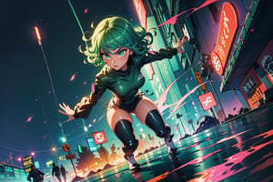 Tatsumaki, masterpiece, best quality, (detailed background), (beautiful detailed face, beautiful detailed eyes), high resolution, ultra detailed, masterpiece, best quality, detailed eyes, green_eyes, green_hair, flying, hovering, floating,dark(dark bodycon dress),long sleeves,high neck,tatsumaki,girl,full body,sexy,seductive,erotic,seductive,curly,tight clothing,in the city,midnight,cyberpunk scene,neon lights,vintage visual effects wind, splash, green lightning, light particles, electric, dj theme, synthwave theme (bokeh: 1.1), depth of field,