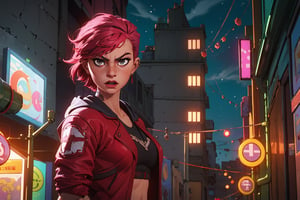 arcane style, (1 girl), sexy, (curvy), cropped hooded jacket, dark red jacket with black details, tattoo on arm, asymmetrical bangs, band-aid, short hair (shaved on one side), bangs, boobs, freckles, gray eyes, big boobs, looking at viewer, tattoo on neck, piercing in nose, pink hair, scar, scar on face, solo, tattoo on face, showing navel, detailed background, city, alley, dark alley, night, angry, close-up, mouth closed, , ((masterpiece)),
