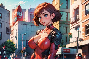 beautiful girl, (curvy body), (defined body), big boobs, dressed as ((deadpool)) short hair, side bangs, highly detailed light blue eyes, city background, extremely detailed, center image