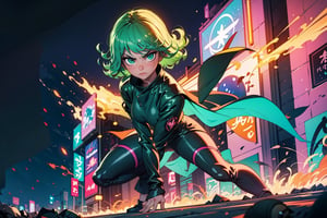 Tatsumaki, masterpiece, best quality, (detailed background), (beautiful detailed face, beautiful detailed eyes), high resolution, ultra detailed, masterpiece, best quality, detailed eyes, frown, green_eyes, green_hair, floating, dark (dark bodycon dress), long sleeves, high neck, Tatsumaki, girl, full body, sexy pose, alluring, erotic pose, seductive, curly, tight clothing, in the city, midnight, cyberpunk scene, neon lights, wind visual effects , splash, green lightning, light particles, electric, dj theme, synthwave theme (bokeh: 1.1), depth of field,TatsumakiOPM