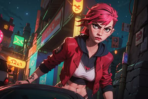 arcane style, (1 girl), sexy, (curvy), cropped hooded jacket, dark red jacket with black details, tattoo on arm, asymmetrical bangs, band-aid, short hair (shaved on one side), bangs, boobs, freckles, gray eyes, big boobs, looking at viewer, tattoo on neck, piercing in nose, pink hair, scar, scar on face, solo, tattoo on face, showing navel, detailed background, city, alley, dark alley, night, angry, close-up, mouth closed, , ((masterpiece)),