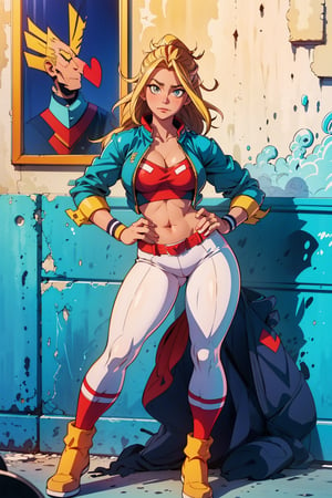 (guaran quality, ultra hd,) ((a beautiful sexy girl)), ((cute)), with a defined and curvy body, blonde hair, all the clothes of All Might [Boku no Hero academia), big breasts, defined body, ((she All Might)), full body, (showing the navel)