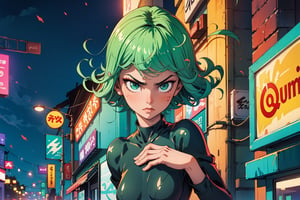 Tatsumaki, masterpiece, best quality, (detailed background), (beautiful detailed face, beautiful detailed eyes), high resolution, ultra detailed, masterpiece, best quality, detailed eyes, frown, green_eyes, green_hair, floating, dark (dark bodycon dress), long sleeves, high neck, Tatsumaki, girl, full body, sexy pose, alluring, erotic pose, seductive, curly, tight clothing, in the city, midnight, cyberpunk scene, neon lights, wind visual effects , splash, green lightning, light particles, electric, dj theme, synthwave theme (bokeh: 1.1), depth of field,