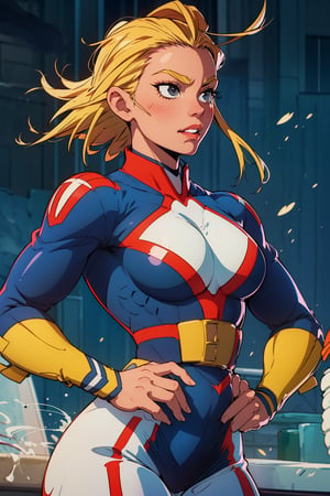 (guaran quality, ultra hd,) a beautiful sexy girl, with a defined and curvy body, blonde hair, all the clothes of All Might [Boku no Hero academia), big breasts, defined body, ((she All Might)) , whole body