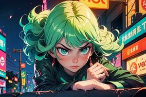 Tatsumaki, masterpiece, best quality, (detailed background), (beautiful detailed face, beautiful detailed eyes), high resolution, ultra detailed, masterpiece, best quality, detailed eyes, frown, green_eyes, green_hair, floating, dark (dark bodycon dress), long sleeves, high neck, Tatsumaki, girl, full body, sexy pose, alluring, erotic pose, seductive, curly, tight clothing, in the city, midnight, cyberpunk scene, neon lights, wind visual effects , splash, green lightning, light particles, electric, dj theme, synthwave theme (bokeh: 1.1), depth of field,