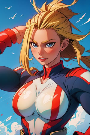 a beautiful girl, with a defined and curvy body, blonde hair, allmight clothes from boku no hero academia, big breasts, defined body, she allmight