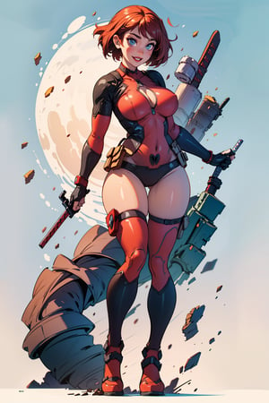 beautiful, crazy, happy girl, full body, standing, sexy pose, (curvy body), (defined body), big boobs, dressed as ((deadpool)) nose pierced, rebellious girl, short hair, side bangs , highly detailed light blue eyes, simple background, extremely detailed, center image, bright sides