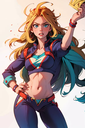 una chica hermos, con cuerpo definido y curvy, cabello rubio, ropa de allmight de boku no hero academia, pechos grandes, cuerpo definido, she allmight