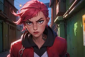 arcane style, 1 girl, sexy, (curvy), cropped hooded jacket, dark red jacket with black details, tattoo on arm, asymmetrical bangs, band aid, short hair, (shaved on one side), bangs, boobs, freckles, gray eyes, large boobs, looking at viewer, neck tattoo, nose piercing, pink hair, scar, scar on face, alone, face tattoo, upper body, detailed background, town, alley, dark alley, night, angry, close-up, closed mouth, , ((masterpiece)),