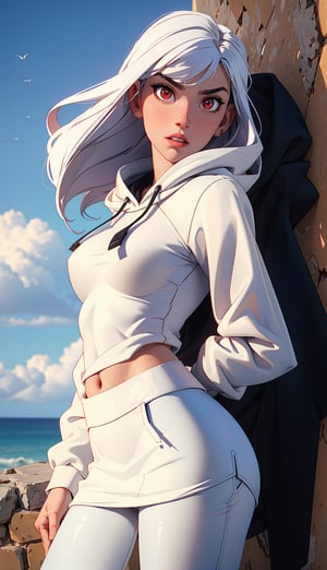 (windy background), (best detailed), (best lighting), ( ultra-detailed), (best quality), Female vampire, red eyes, (detail eyes), pale_skin, white_hair, ((straight_hair)), bangs, long-hair, past-the-weste, beautiful breasts, (black tight hoody sweater), (white skirt), leaning on the wall, (black spandex pants), clouds,3DMM