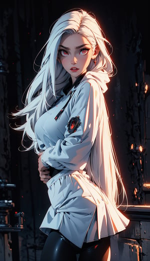 (windy background), (masterpiece, best detailed), (best lighting), ( ultra-detailed), (best quality), Female vampire, ((red eyes)), (detail eyes), pale_skin, white_hair, ((straight_hair)), bangs, long-hair, past-the-weste, beautiful breasts, (((perfect finger, perfect hands))), (black tight hoody sweater), (white skirt), leaning on the wall, (black spandex pants), clouds,3DMM,midjourney,perfecteyes