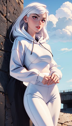 (windy background), (best detailed), (best lighting), ( ultra-detailed), (best quality), Female vampire, red eyes, (detail eyes), pale_skin, white_hair, ((straight_hair)), bangs, long-hair, past-the-weste, beautiful breasts, (black tight hoody sweater), (white skirt), leaning on the wall, (black spandex pants), clouds,3DMM