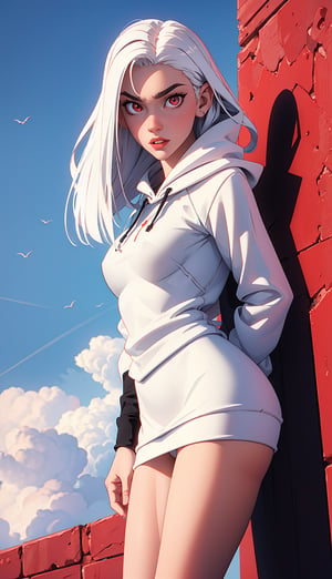 (windy background), (best detailed), (best lighting), ( ultra-detailed), (best quality), Female vampire, red eyes, (detail eyes), pale_skin, white_hair, ((straight_hair)), bangs, long-hair, past-the-weste, beautiful breasts, (black tight hoody sweater), (white skirt), leaning on the wall, (black spandex), clouds,3DMM