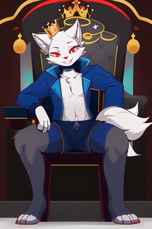 Artic_fox, 4tails, male, sit, chair, king, happy, red_eyes, gray_shorts, blue_jacket, 
