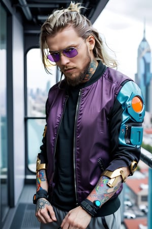 analog style, model shoot tyle, (full body), tattooed body ((Viking male whit mediun long hair viking style whit colorful wires entangled on the hair fully detail)), (( viking beard and wearing futuristic visor/glasses)), wearing a sport hyper futuristic bomber jacket black and colorful, bottom futuristic black pants whit electric orange on details, (sneakers hyper futuristic high fashioned), ((right arm full metal cybernetic arm black chromed with purple shine)), ( left hand a gold silver wire extended), (Cyberpunk, Cyberpunk city background ), ((Perfect face:1.3)), (pale skin:1.5), (From  above:1.4), Best Quality, (Colors, hyperdetails:1.5), Octane Render, ultra realistic lifelike textures, masterpiece, the Extremely Detailed CG Unity 8K Wallpapers, crazy detail details, Ultra-realistic light
,cyberpunk,more detail XL,Extremely Realistic,woman_nr1