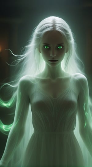 A striking female character with glowing green eyes is depicted with a dark, mystical ambiance surrounding her. Ghostly spectral figures with ghastly s
poltergeist loom in the background, adding a haunting and ethereal feel to the scene. fantasy, female character, glowing eyes, spectral figures,  haunting, ethereal, dark, mystical