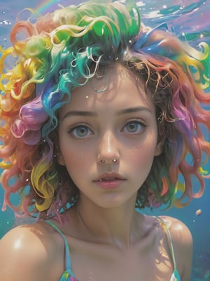 jim warren art style, hyperrealistic photography of exotic girl with short rainbow curly hair, closed mouth, ultra realistic, authentic photography, best quality, ultra quality, 8k UHD, 16k, 32k, cute colorful dress, underwater landscape, ((closeup)), flowy rainbow curly hair, selfie, front view, slightly freckled, Realism, naturally_censored,realhands,Realism,detailmaster2,Clear Glass Skin,aw0k euphoric style