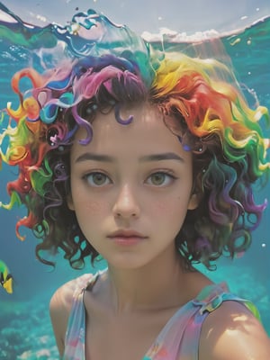 hyperrealistic photography of exotic girl with short rainbow curly hair, closed mouth, ultra realistic, authentic photography, best quality, ultra quality, 8k UHD, 16k, 32k, cute colorful dress, underwater landscape, ((closeup)), flowy rainbow curly hair, selfie, front view, slightly freckled, Realism, naturally_censored,realhands,Realism,detailmaster2,Clear Glass Skin,aw0k euphoric style