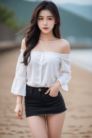 - [ ] Professional Photography of a 20 years old female, pure face, beautiful face, off-shoulder, sharp focus, full_body, huge cleavage, standing, slender, short jeans skirt, huge breasts, white bra, black hair, longhair 