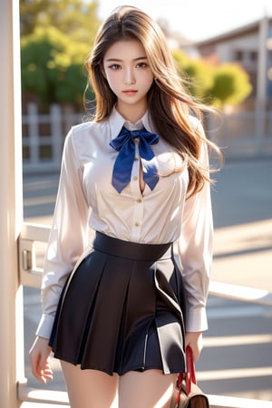 high school student,girl,school uniform(laced blouse and suit),at school gate,Best Quality, 32k, photorealistic, ultra-detailed, finely detailed, high resolution, perfect dynamic composition, beautiful detailed eyes, sharp-focus, cowboy_shot, big breasts, slim legs, slim body