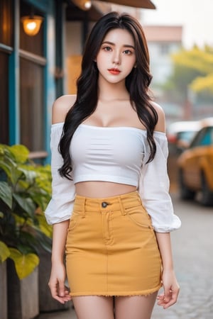 - [ ] Professional Photography of a 20 years old female, pure face, beautiful face, off-shoulder, sharp focus, full_body, huge cleavage, standing, slender, short jeans skirt, huge breasts, white bra, black hair, longhair 