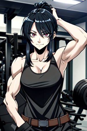 makima \(chainsaw man\), muscular_female, solo, buff_woman, biceps, at_the_gym, very long ponytail hair, black hair, dark black hair, shiny hair, mega_hair, emotionless eyes, thick linked eyelashes, red eyes, tank top shirt, long_leather_black_coat, shaped clothes, arm_strap, fishent_armwear, black pantalon, relaxed_expressions, closed_mouth, smirking,Defaults17Style,ESDEATH,
